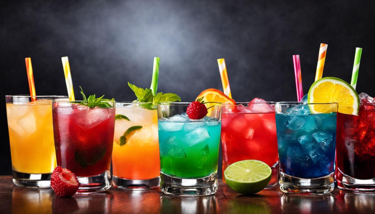 A group of colorful cocktails representing team-themed beverages for a football party