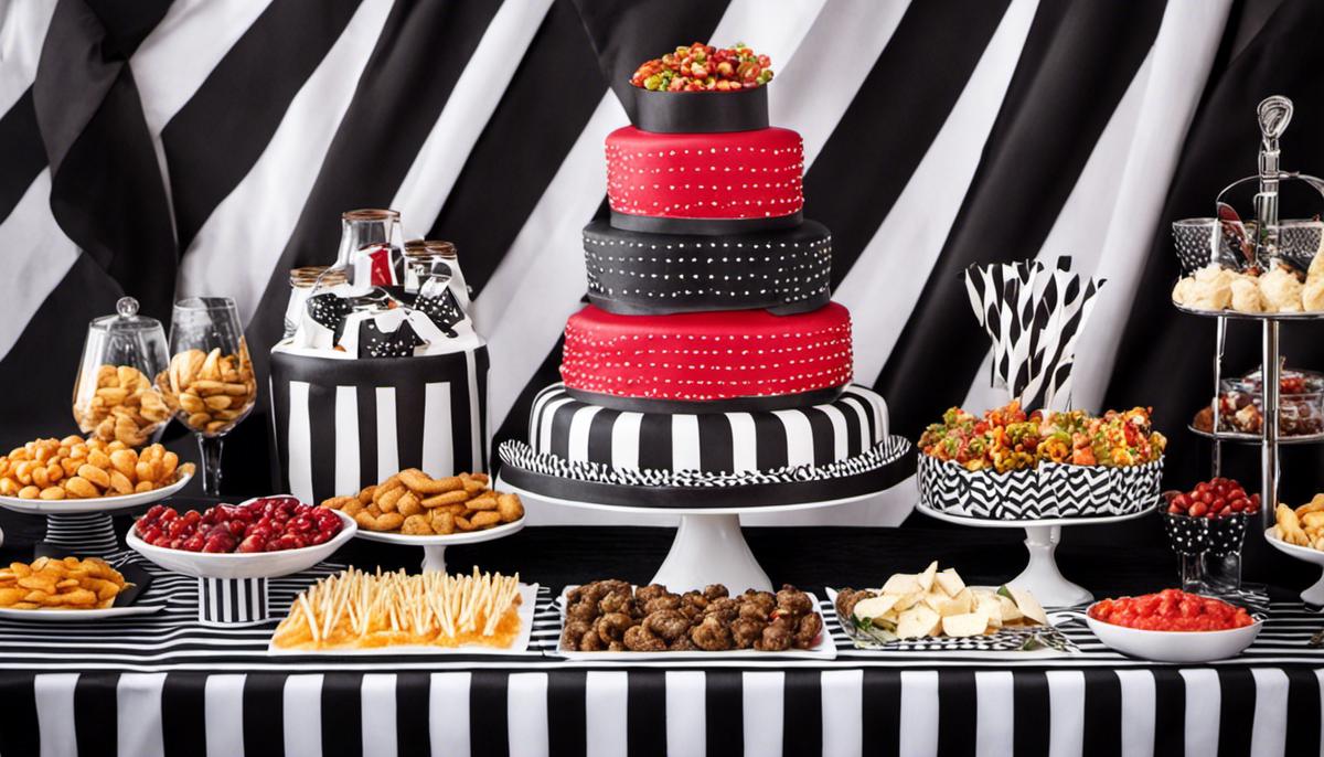 A visually appealing snack table with black and white striped decorations, featuring various delicious game-day foods.